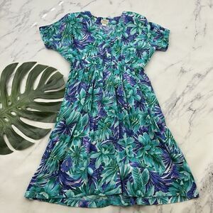 Luci Fellini Womens Vintage 80s Shirt Dress Size M Blue Green Tropical Pockets